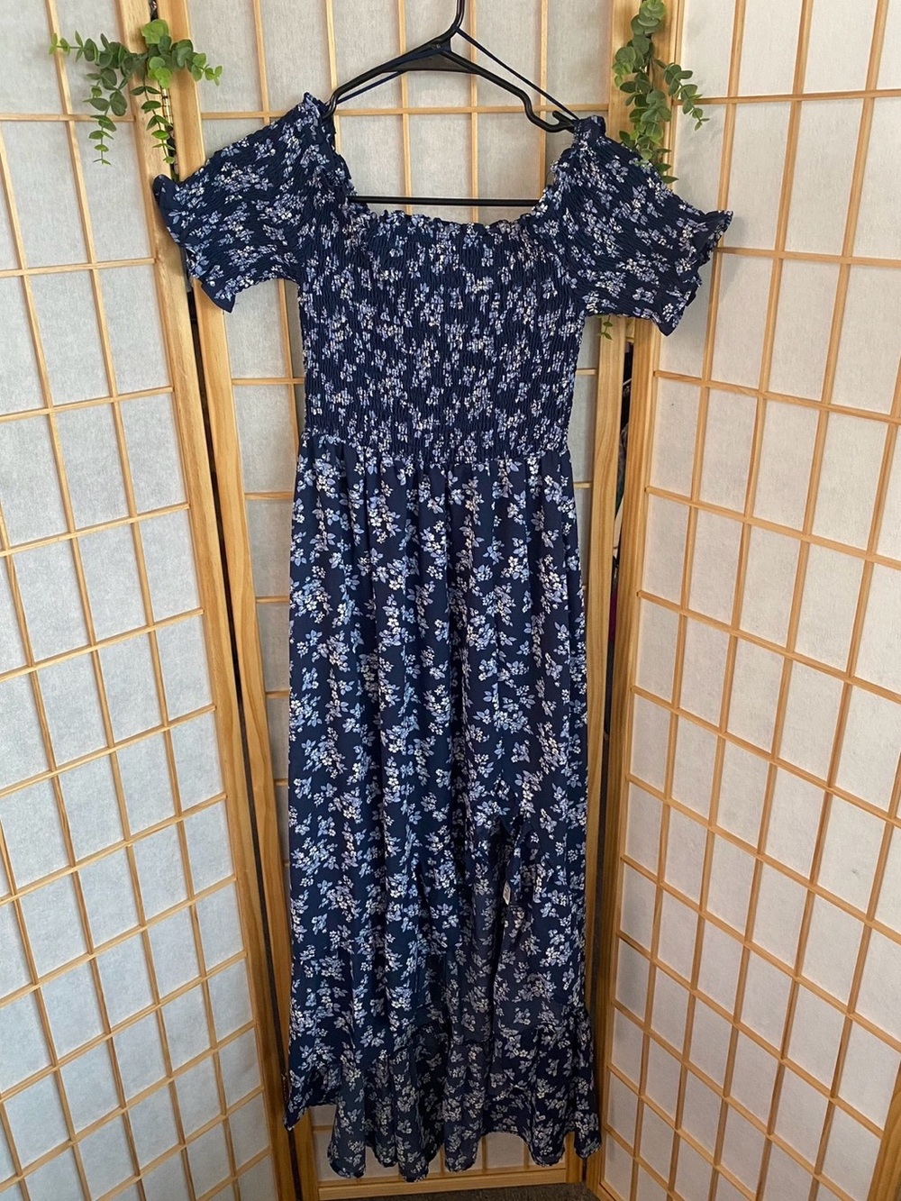 Francesca's Navy and White Floral Smocked Dress